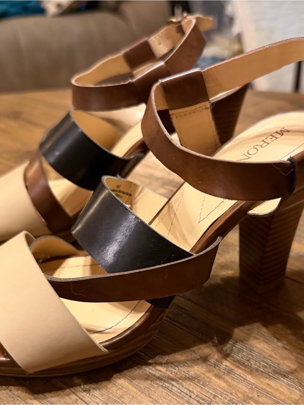 Merona Tri-Tone Strappy Block Heel Sandals — Brown Black Cream size 6.5
